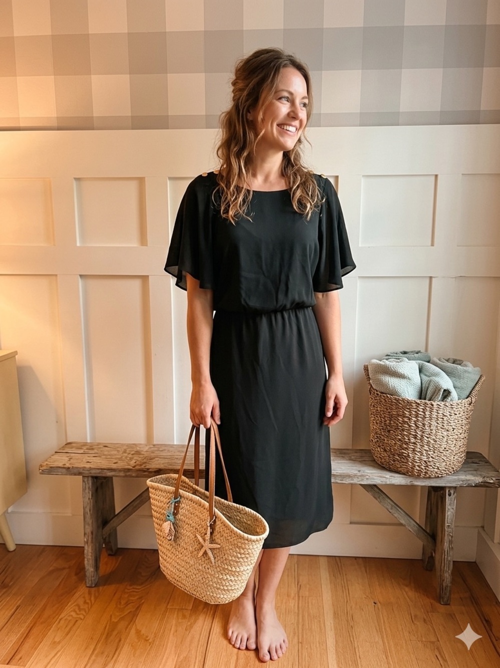 Max Azria Silk‎ Black Flutter-Sleeve Midi Dress with Elastic Waist Small